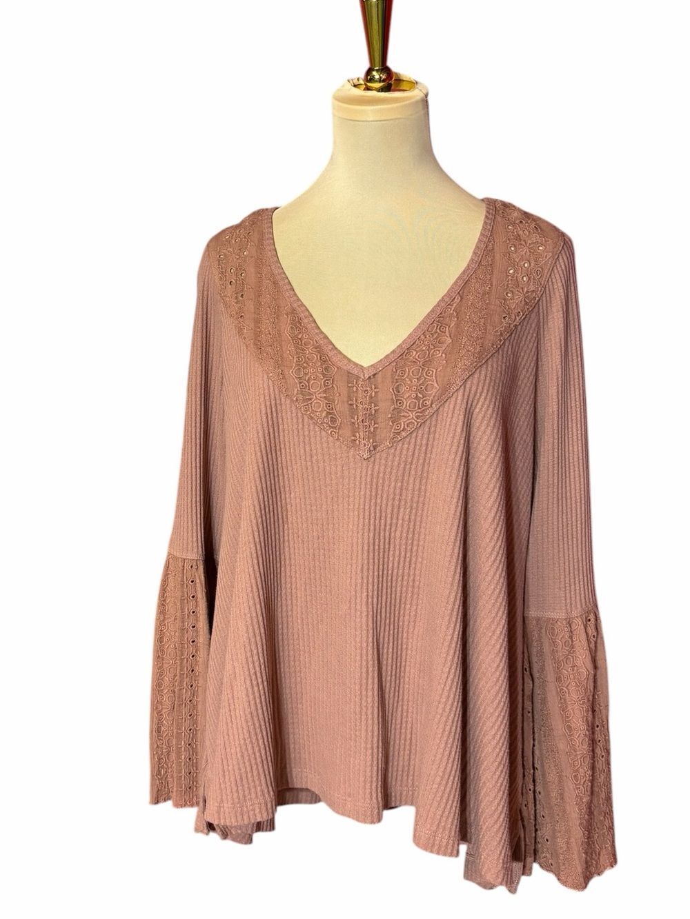Free People Dusty Rose Lace Trim Thermal Tunic Top Bell Sleeve Boho Size S
